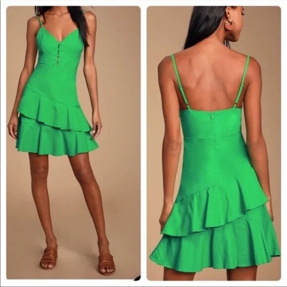 Lulus Brielle Green Ruffled Skater Dress Medium - Picture 1 of 5